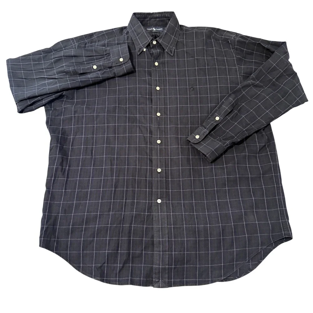 Ralph Lauren Blake Shirt Mens Large Navy Blue Grey Windowpane Plaid‎ Cotton L/S